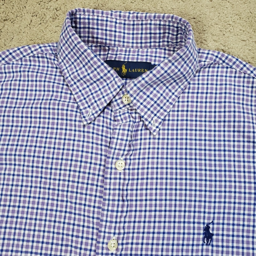 Ralph‎ Lauren Shirt Mens Medium White Blue Purple Plaid Pony Oxford Long Sleeve